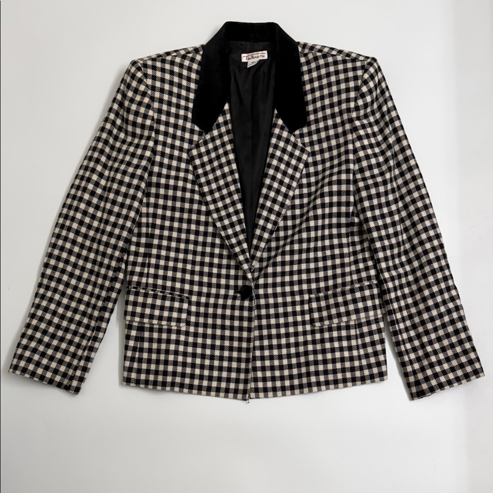 Talbots Vintage Wool Blazer Black and Cream Check Velvet Collar Made in USA 10